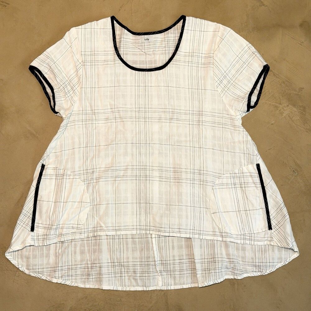 Tulip Brand Loni Top in White Onyx Plaid Crinkle Cotton Womens Size XS A-Line